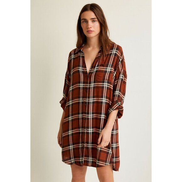 Sandy & Sid Plaid Long Sleeve Button Down Midi Shirt Dress Size Medium Fall boho - Picture 1 of 9
